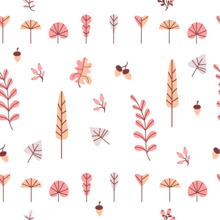 Autumn pattern. Seamless pattern. Decorative autumn leaves, branches, berries and acorns on a white...