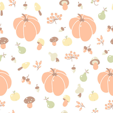 Autumn background. Cozy autumn and harvest - pumpkin, acorn, mushrooms and berries, apple and pear on a white background. For autumn decor, design, packaging, textiles and printing. Vectorのイラスト素材