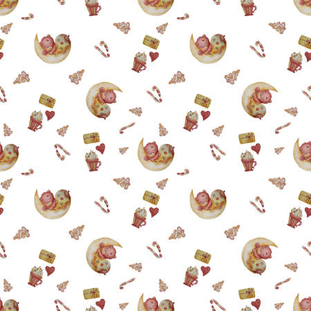 Seamless pattern with teddy bear sleeping on the moon and decorative New Year sweets. Christmas gingerbread and caramel, cup with foam and a gift on a white background. Watercolorの写真素材