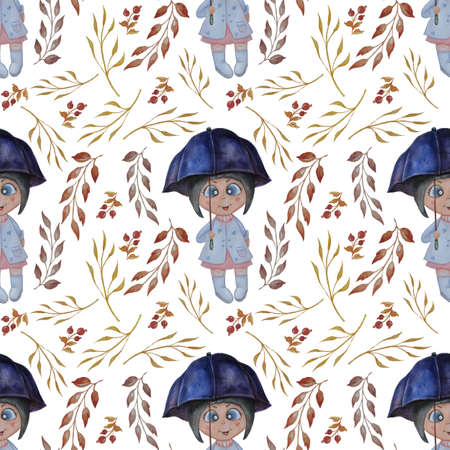Seamless pattern. Cute little girl under an umbrella on a white background with decoative autumn leaves on a white background. Childrens collection. For festive, kids design and decor. Watercolorの写真素材