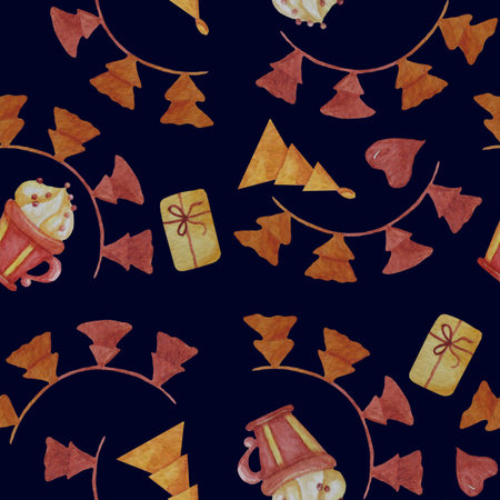 Seamless pattern with decorative orange and red Christmas trees and decorations for Christmas. New...