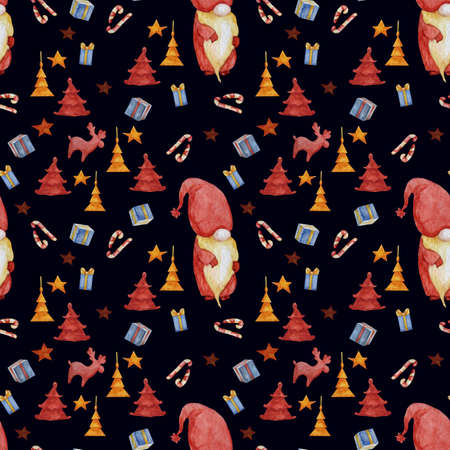Seamless pattern, decorative elements for Christmas and New Year. Christmas trees and deer, wizard gnome, gifts and caramel on a dark blue background. For decoration and design. Watercolorの写真素材