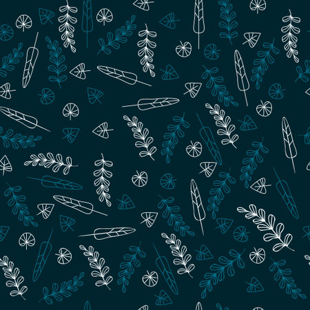 Seamless pattern. Decorative ornament with tropical leaves. Contour hand drawings of various leaves...