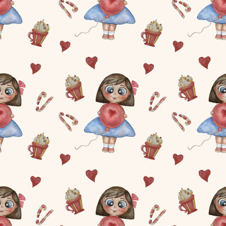 Seamless pattern. Childrens collection. Cute girl with a balloon and sweets and caramel on a white background. Hand drawing. Watercolor for holiday and kids design and textilesの写真素材