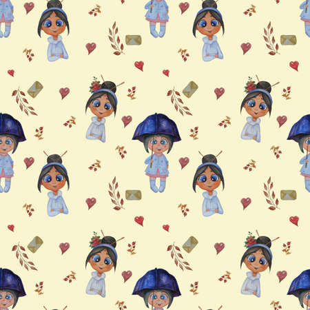 Seamless patterns with cute children. A girl under a blue umbrella and a girl with a hairdo with flowers on a yellow background with decorative leaves and hearts. Watercolor. Kids collectionの写真素材