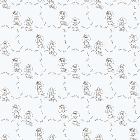 Seamless pattern with pets. Light background with cute White dogs with protruding tongue and hearts on a collar - a boy and a girl. Nearby is a pattern of scattered bones. Vector illustrationのイラスト素材