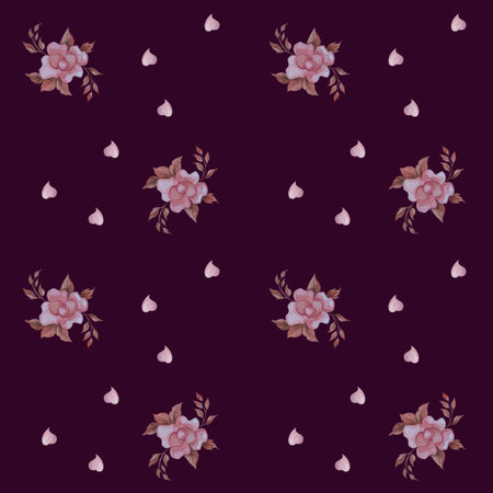 Seamless patterns. Decorative botanical elements and flowers. Pink rose and hearts on a dark...