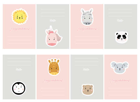 kid planner with cute animals. Set of greeting cards with cute animals. Creative print with lion and unicorn, giraffe and zebra, panda and koala, penguin and bear. Vectorのイラスト素材