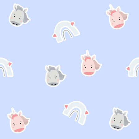 Seamless patterns. Scandinavian style kids collection. Cute stickers unicorn girl and horse boy and rainbow with hearts on a light blue background. For design, textile, packaging, wallpaper. Vectorのイラスト素材