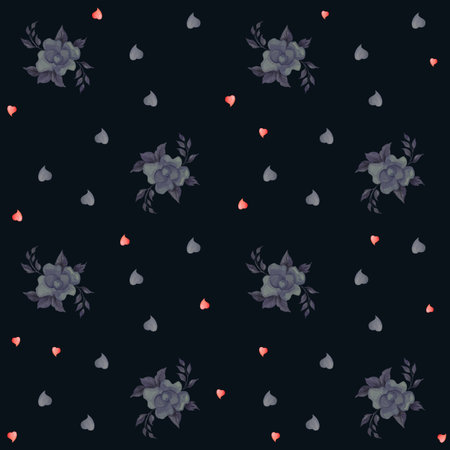 Seamless patterns. Decorative botanical elements and flowers. Gray rose and small hearts on a dark...