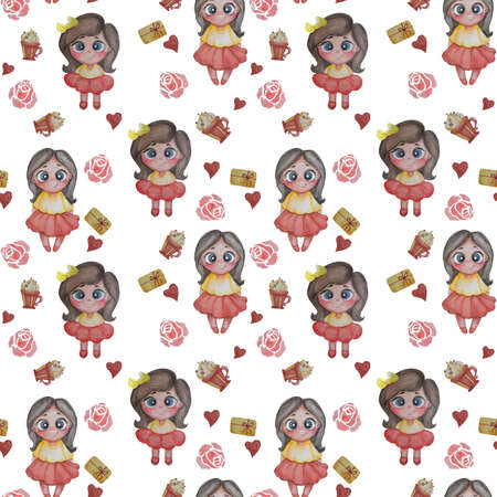 Seamless patterns. Lovely kids. Girls in red skirts with a cup of dessert and a gift on a white background with roses and hearts. Hand drawing. Watercolor. Childrens collection for design and textilesの写真素材