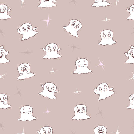 Halloween pattern. Seamless pattern with cute little white cartoon ghosts and different emotions on a pink background - joy, relaxation, happiness and anger, sleep. Vector. Template for paper, textileのイラスト素材