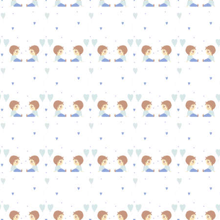 Seamless patterns. Romantic collection. Cute boys sit with balloons and look at each other on a white background with hearts. Vector. For valentines, design, textiles, packaging and printingのイラスト素材