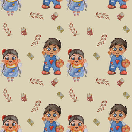 Collection of cute children. Seamless patterns. Little fairy with wings and a magic wand in his pocket and smiling boy football player on beige background with leaves and a cup of dessert. Watercolorの写真素材