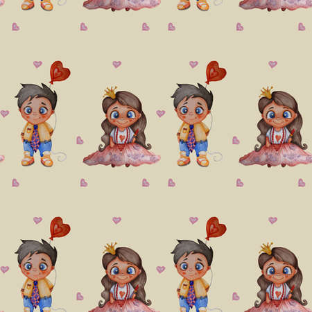 Seamless patterns. A couple in love - a playful baby princess with long hair and lipstick in her hands and a boy in a tie with a balloon on a beige background with hearts. Watercolorの写真素材