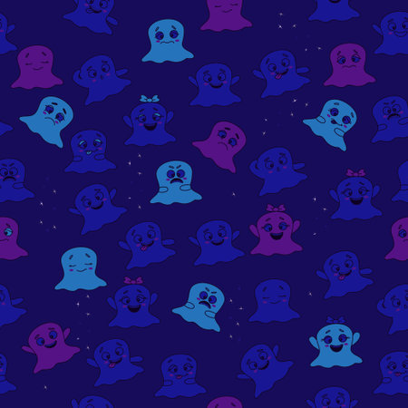 Halloween pattern. Seamless pattern with cute cartoon colored ghosts and different emotions on dark...