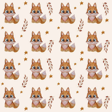Fox seamless pattern. Cute red fox with a smile vect and stars on a white background. Watercolor. For design and decoration, textiles and packaging. Nice illustration. Hand drawingの写真素材