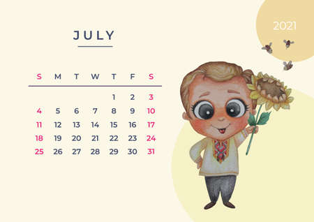 Calendar 2021 watercolor. Template for July. Watercolor drawing - a cute man stands with a flower sunflower in his hands.のイラスト素材
