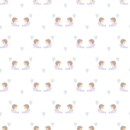 Seamless patterns. Romantic collection - male love. Cute angel boys sit with balloons and hearts on a white background. Vector. Pastel shades. For valentines, textiles, packaging and printingのイラスト素材