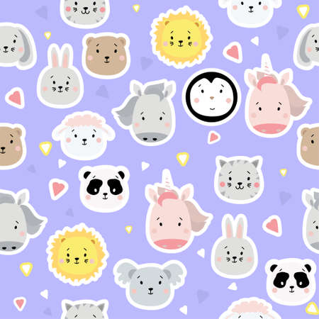 Seamless patterns. Kids collection. Cute animal stickers - bear, lion and penguin, unicorn and rabbit, hare and sheep, cat, horse, koala and panda on a blue background with hearts. Vector illustrationの写真素材