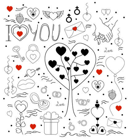love doodle. Hand vector illustration Love and Valentines Day. Hearts and gender signs, wedding rings and gifts, Decoration double heart, female and male hand, tree of love. For holiday design. Vectorのイラスト素材