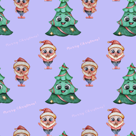 Christmas pattern. Merry festive Christmas tree with face and eyes and cute Santa with gifts on a...