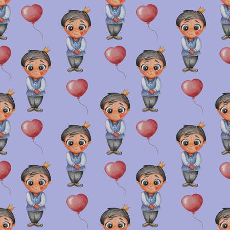 Seamless patterns. Fabulous little cute prince with a crown on a blue background with red balloons. Watercolor. Children's collection. Hand drawing. High quality illustrationの写真素材
