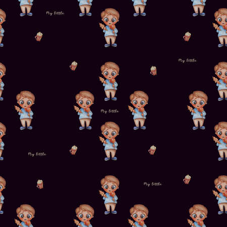 Seamless patterns. Cute baby boy. Sweet tooth with sweets and ice cream in hands on a black background. Childrens collection. Watercolor. Hand drawing. For kids design, packaging, clothingの写真素材