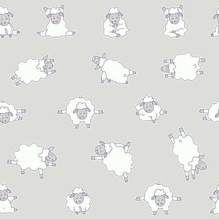 Seamless patterns. Yoga for animals. Sticker drawings of cute white sheep practicing meditation, standing asanas and sports. Vector on a gray background. For packaging, textiles, wallpaperの写真素材