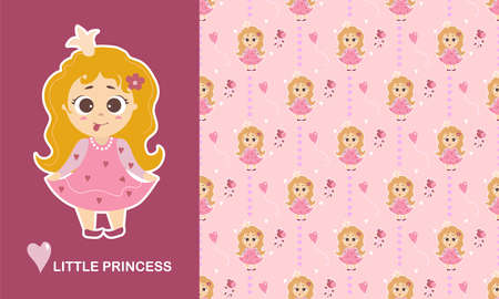 Little princess character and seamless pattern. Cute Girl with her tongue hanging out and long hair, unicorn toy, flowers and a heart on a pink background. Vector. Kids collection for design, textileのイラスト素材