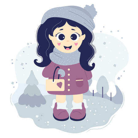 Cute girl for a walk. In winter clothes - a hat, a scarf, a coat and boots, she stands against a blue decorative background with a winter landscape, trees and snow. Vector. Isolated. Kids collectionのイラスト素材