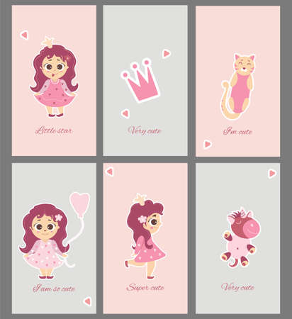 Collection of cute baby cards. Set of greeting cards with little princesses, girls and animals - cat and unicorn and cute phrases. Creative print featuring characters. Vector illustration For designのイラスト素材