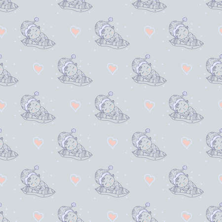 Seamless pattern. A cute baby in a hat with a balambon sleeps sweetly on a pillow. Vector decorative illustration on a light gray background with hearts.のイラスト素材