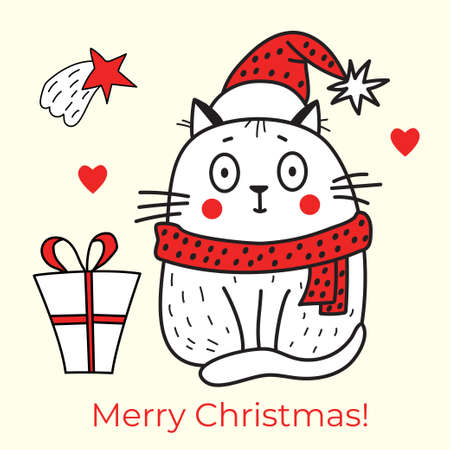 Merry Christmas. Greeting card with a cat in a red hat and a scarf with a gift and a Christmas star. Vector. Line, stroke. Cute sketchのイラスト素材