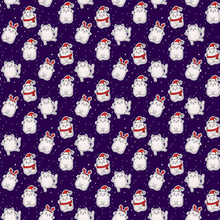 Seamless patterns. White cute cats in a hat with antlers, in a Santa hat, in a scarf on blue background with white snowflakes. Vector illustration. Festive Christmas and New Year design and decorのイラスト素材