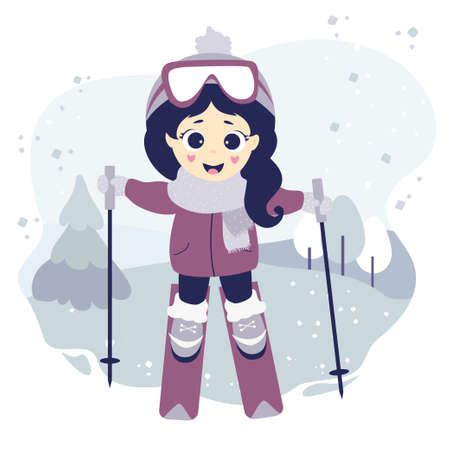 Winter sport. A cute girl is skiing on a decorative background with a winter landscape, trees and snow. Vector illustration. Isolated. Childrens collection. Flat designのイラスト素材
