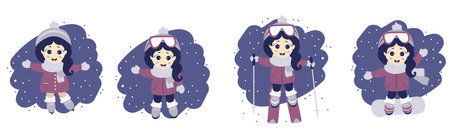Set of girl and winter sport. Cute girl in skiing, ice skating and snowboarding on a blue background with snow. Vector illustration. Childrens collection for postcards, design and print. Flat designのイラスト素材