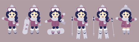 Kids winter. Girl athlete goes skiing, skating and snowboarding. A set of winter sports and a child in different poses. Vector illustration. Childrens collection for postcards, design and printのイラスト素材