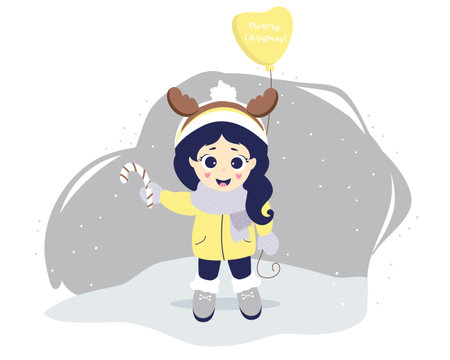 kids winter. A cute girl with deer horns on her head and a balloon stands on a gray background with snow. On the ball there is the text of congratulations on the holiday - Merry Christmas. Vectorのイラスト素材