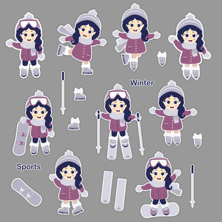 Kids winter. A set of stickers - Cute girl skiing, skating and snowboarding in different poses. winter sports. Vector illustration. Childrens collection for postcards, design and printのイラスト素材