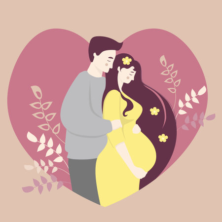 Motherhood and family. Happy pregnant woman in a yellow dress hugs her belly with her hands and next to a man. On the background of the heart with a decor of branches and plants. Vector illustrationのイラスト素材
