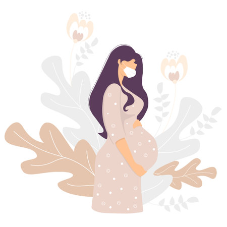 Motherhood. Happy pregnant woman in a medical mask gently hugs her belly with her hands, on a background with a decor of delicate plants and flowers. Vector illustration. concept of Covid, pandemicのイラスト素材