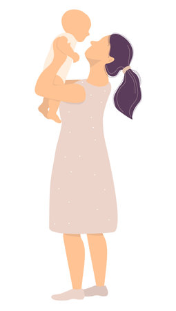 Motherhood and a happy family. A young mother in a pink dress with a newborn baby in her arms. Vector illustrationのイラスト素材
