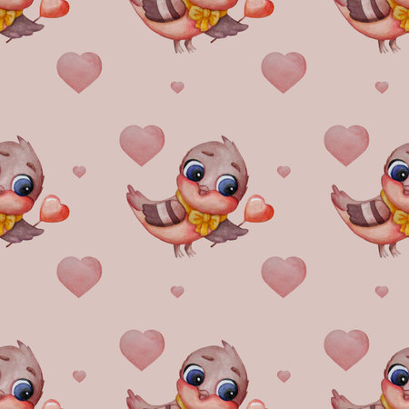 Seamless patterns. Cute bird - titmouse with a yellow bow on a light pink background - blue background with hearts. Watercolor. Hand drawingの写真素材