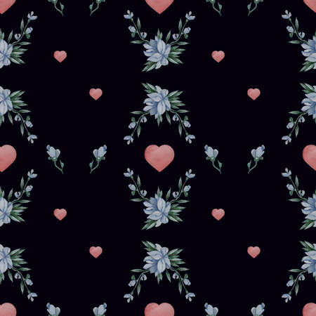 Seamless patterns. Geometric floral patterns - blue flowers, buds, branches and hearts on a dark blue background. Watercolor. Hand drawingのイラスト素材