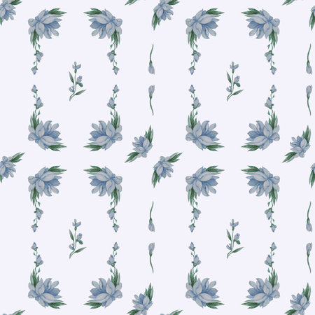 Seamless patterns. Blue flowers, buds and leaves on a white background. Watercolor. Geometric Floral...