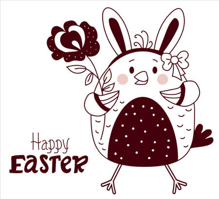 Happy easter. Easter chick girl with bunny ears and a bow on her head and with a flower. Vector. Line, outline. For design, decor, print, decor, holiday Greeting cards, bannersのイラスト素材