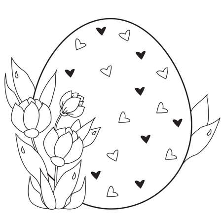 Easter card. Large Easter egg with hearts and a bouquet of spring flowers and leaves. Vector. Black line, outline. Illustration for design, decor, print, postcardsのイラスト素材