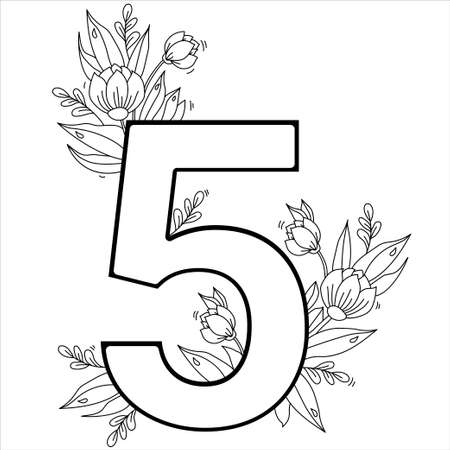 Flower number five. Decorative pattern 5 with flowers, tulips, buds and leaves. Vector illustration isolated on white background. Line, outlineのイラスト素材