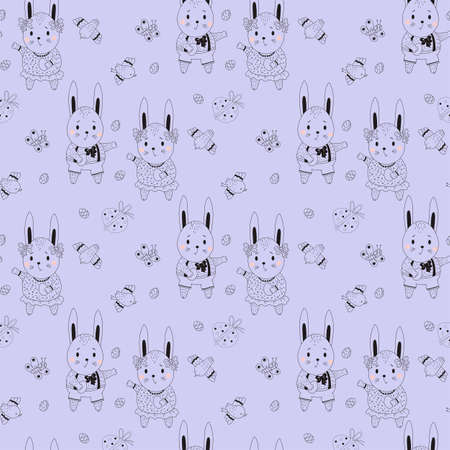 Happy Easter seamless pattern. Easter bunnies - boy and girl, decorative eggs, birds and butterflies on a blue background. Vector. Line, outline. For design, decor, printing, packaging and wallpaperのイラスト素材